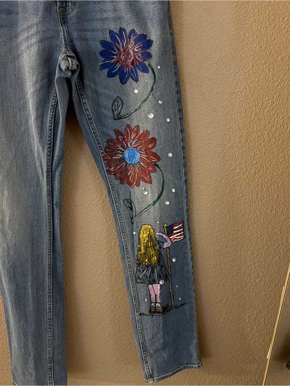 Time and Tru Light Blue Skinny Jeans with Painted Floral Design - Picture 2 of 5